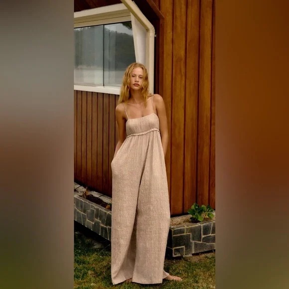 Zara Beige Wide-Leg Jumpsuit